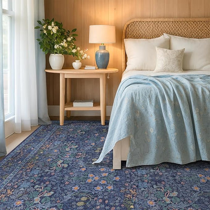 Dark Blue Living Room Rug 8x10, Vintage Floral Washable Area Rugs for Bedroom, Dining Room Under Kitchen Table, Oriental Low Pile Stain Resistant Non-Slip Large Navy Decor