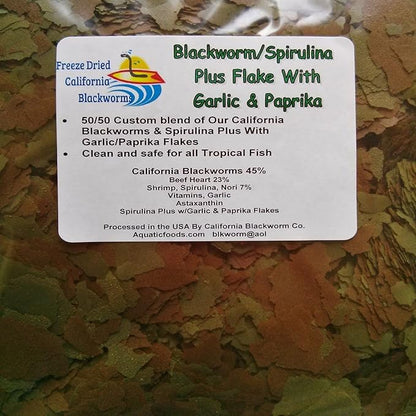 Aquatic Foods Inc. 45% California Blackworm & Spirulina with Garlic, Paprika Flake Mix for Discus, Cichlids, Tetras, Guppies, Live Bearers, Pond Fish, All Tropical Fish Premium AF Flakes - 1/4-lb