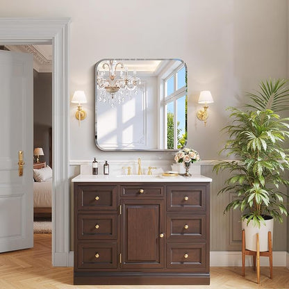 CILIBER Beveled Mirror 30"x30", Square Frameless Bathroom Mirror Rounded Corner
