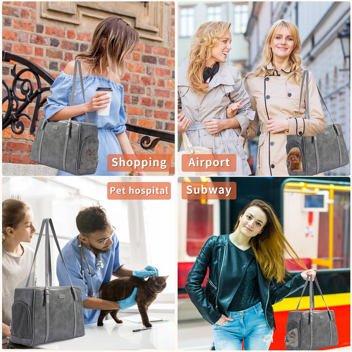 Fashion Dog Purse Pet Carrier Leather Bag for Small Dogs Cats Puppy, Portable Tote Bag Airline Approved Soft-Sided Carriers (Grey)