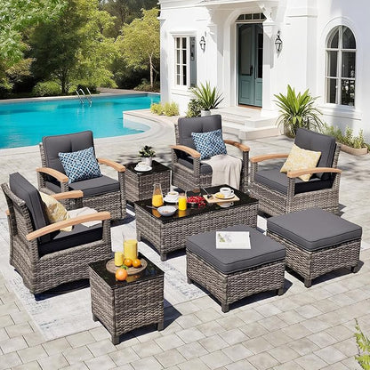 MEISSALIVVE 9 Pieces Outdoor Patio Furniture Sets,PE Wicker Patio Conversation Sets with 4 Wood Armrests Swivel Rocker Chairs，2 Ottoman and Coffee Table(Grey)