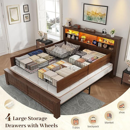 EnHomee Queen Bed Frame with 4 Storage Drawers, Bed Frame Queen Size with Headboard, Queen Bed with LED Lights & Charging Ports,No Box Spring Needed,NO Noise,Wooden, Brown