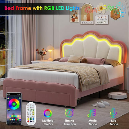 HOSTACK Full Upholstered LED Bed Frame with Storage Drawers, Cute Girls Bed with Adjustable Lotus Headboard, Velvet Princess Platform Bed Frame, Wooden Slats Support, No Box Spring Needed, Pink/Beige