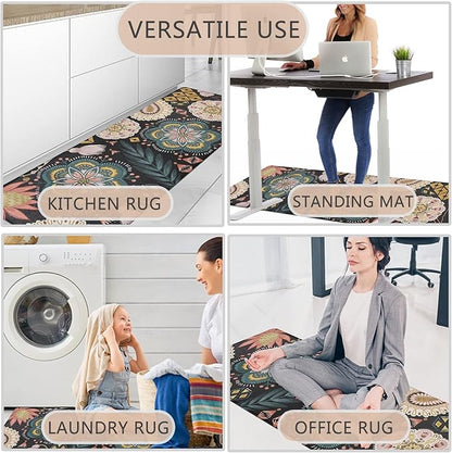 Homcomoda Boho Floral Kitchen Mats Cushioned Anti Fatigue 2 Piece Set Kitchen Rugs and Mats Non Slip PVC Waterproof Kitchen Comfort Mats for Standing Sink Laundry
