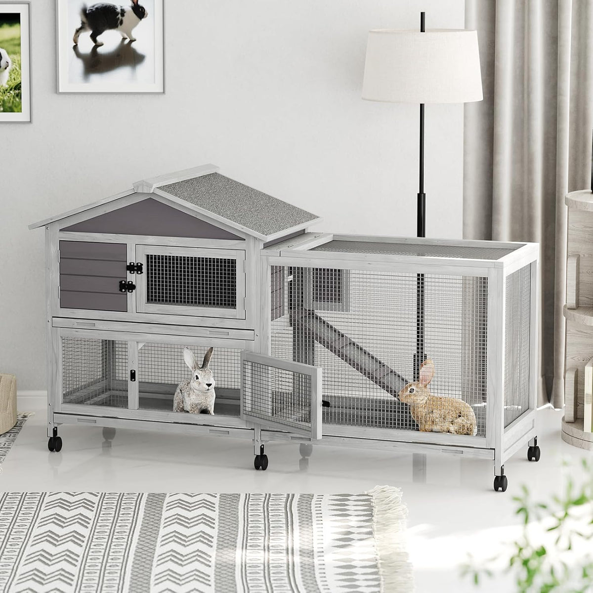 Rabbit Hutch 2-Tier, Small Wooden Chicken Coop with Wheels for Outdoor Use - Weatherproof Small Animal Hutch with Non-Slip Ramp, 4 Access Doors & Removable Tray for Rabbits, Guinea Pigs, Ferrets