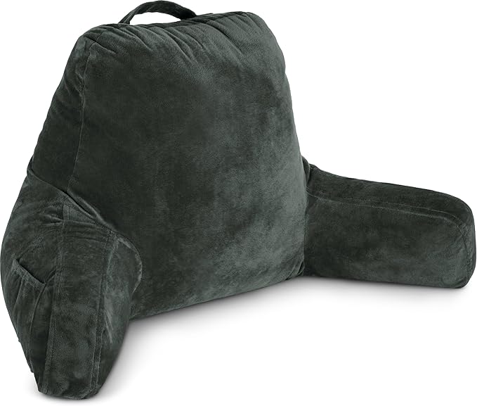 Husband Pillow Dark Green, Original Reading Pillow in Bed Rest Chair, Shredded Memory Foam Large Lounge Cushion Adult Backrest with Arms, Comfy Back Support for Sit Sitting Up, Wash/Removable Cover