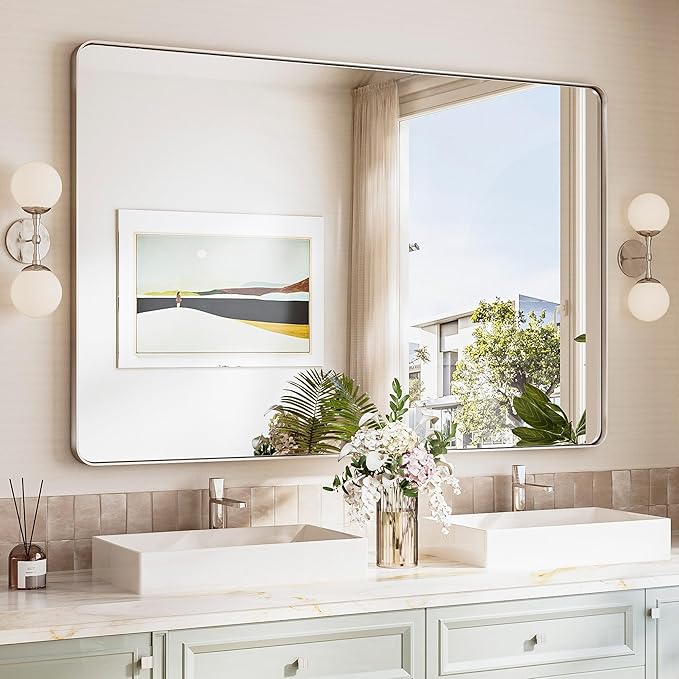 TokeShimi 55x36 Bathroom Mirror Brushed Nickel, Aluminum Framed Bathroom Mirrors