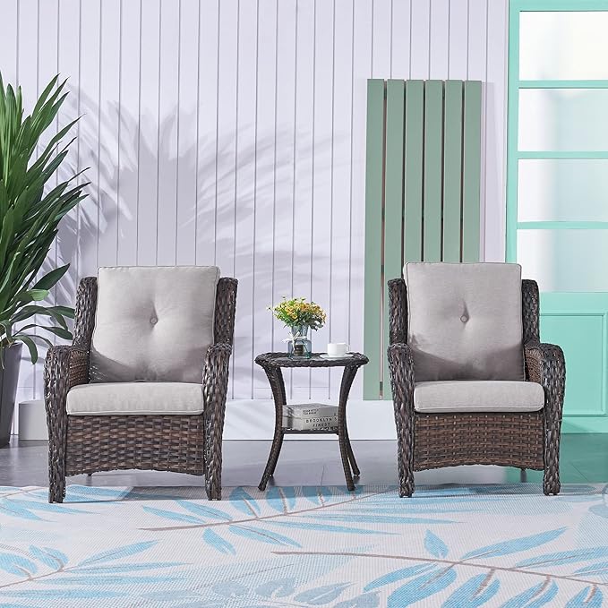 Rilyson Patio Bistro Set Wicker Chairs - 3 Piece Outdoor Rattan Conversation Set with 2 Armrest Chair and 1 Side Table for Proch Deck Garden Backyard Balcony(Brown/Grey)