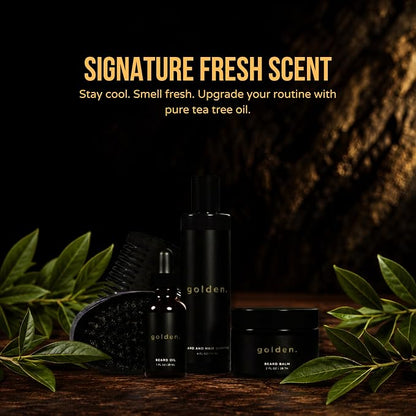 Golden Grooming Co. Beard Care Kit for Men - 5pc Grooming & Growth Set includes Beard Shampoo, Balm, Oil, Wood Comb & Boar Bristle Brush - Men's Self Care Gift Bundle