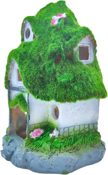 M2cbridge Aquarium Decorations Fish Hideout House Betta Cave Landscape Garden Decoration with Green Lifelike Moss (Garden Shed)