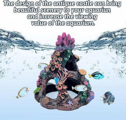 PINVNBY Coral Aquarium Decoration (Size: 6.3 x 4.7 x 4.7 inches) Small Fish Tank Decorations Resin Rock Mountain Cave Ornaments Betta Fish Hideout House for Beta Sleep Rest Hide Play Breed
