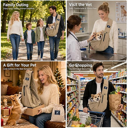 Dog Sling Carrier for Small Dogs & Cats 5-20 lbs, Adjustable Depth | Breathable Air Mesh Puppy Sling, Water-Resistant Travel Bag, Double Safety Leash, Machine Washable, Hands-Free Pouch, Caramel