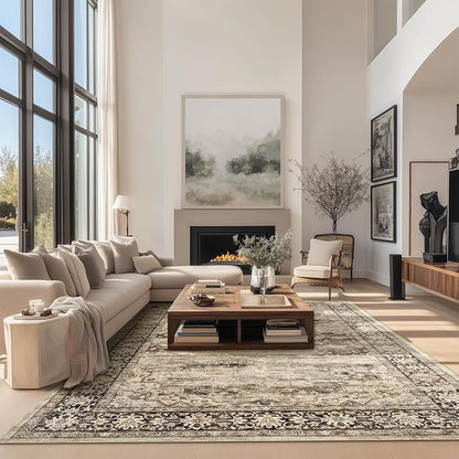 9x12 Large Rugs for Living Room Washable Boho Farmhouse Area Rugs Soft Faux Fur Low Pile Non Slip Stain Resistant Vintage Euro Floral Carpet Rug for Bedroom Dining Room Family Room,Hazel Brown