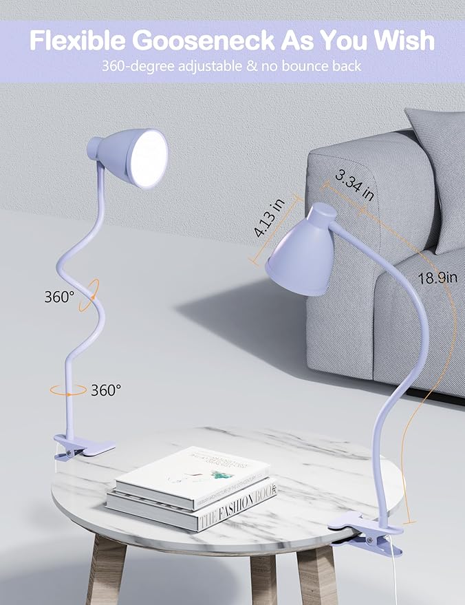 BOHON Desk Lamp with Clamp, 10W 38 LED Clip on Light, 5 Color 10 Brightness Auto Off Timer, Flexible Gooseneck Clip Lamp, Desk Lights for Office Home Bed Bedside Reading, Lilac Purple
