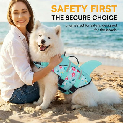 Dog Life Jacket, Dog Life Vest for Swimming, Medium Dogs Shark Safety Vest Adjustable Preserver with High Buoyancy, Pet Lifesaver for Medium Dogs, Blue Flower M