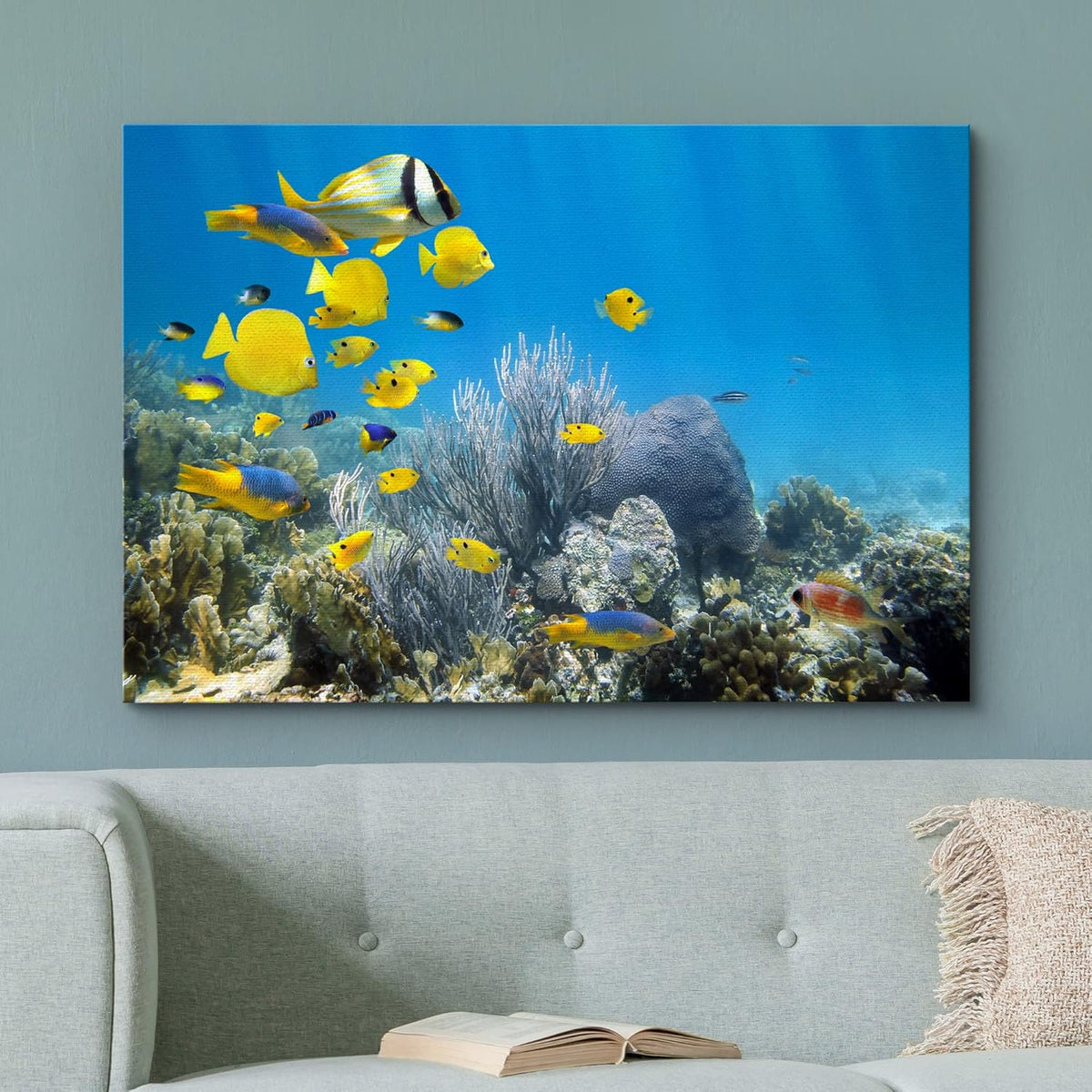 wall26 Canvas Print Wall Art Yellow School of Fish with Blue Coral Reef Nature Ocean Photography Realism Nautical Scenic Relax/Calm Multicolor Ultra for Living Room, Bedroom, Office - 16"x24"
