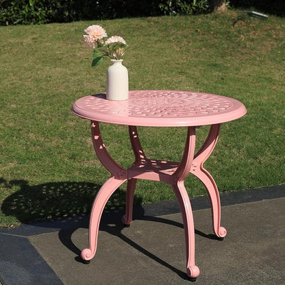 WILOUNGE Cast Aluminum Outdoor Side Table,Small Patio Table,Outdoor Coffee Tables for Patio,Garden,Balcony, for All Weather(Pink, Round)