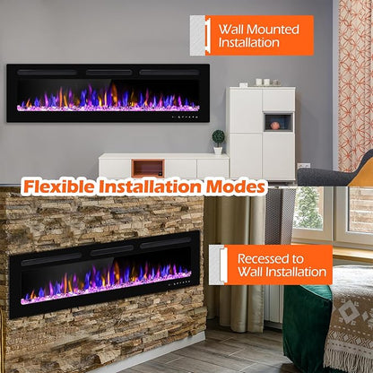 68" Electric Fireplace Wall Mounted and Recessed