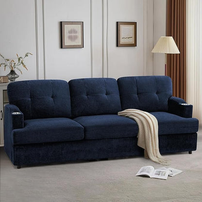 89" Chenille Modern Sofa with Cup Holder, Tufted Upholstered Couch with Thickened Cushions, Comfy 3 Seater Sofa with Deeper Seat for Living Room, Apartment,Blue