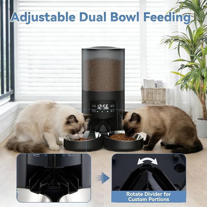DUMOS 6L Automatic Cat Feeder for 2 Cats, Timed Pet Food Dispenser - Black | 2 Stainless Bowls, 10s Voice Call, Dual Power Supply, 6 Meals Per Day, 50 Portions Per Meal, Dual Pet Feeder for Cat and Dog