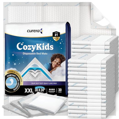 CozyKids® Disposable Bedwetting Bed Pads for Kids 30”x 34” [30-Pack] | Super Absorbent Potty Training Pee Pads for Children - XXL Bed Wetting Mats for Good Nights Chucks for Kids & Toddlers