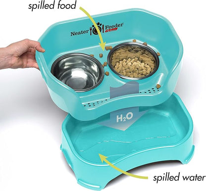 Neater Pet Brands Neater Feeder Deluxe Mess Proof Cat Bowls Elevated, Made in USA, No Spill Raised Bowls for Indoor Cats, Stainless Steel Food and Water Bowl Set, Pet Dish Feeding Station, Aquamarine
