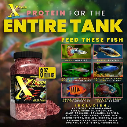 Xtreme Krill Flakes - Premium Max Protein Freshwater Fish Food with 100% Krill and Shrimp, & Vitamins for Optimal Immune and Digestive Health, Boosts Color & Energy – USA Farm Grown (8oz)