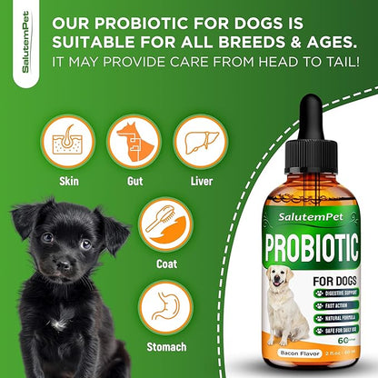 Probiotics for Dogs | Liquid Probiotics for Dogs and Puppies | Prebiotic & Digestive Enzymes | Gut Flora Support and Digestive Care | Bacon Taste | 2 Oz