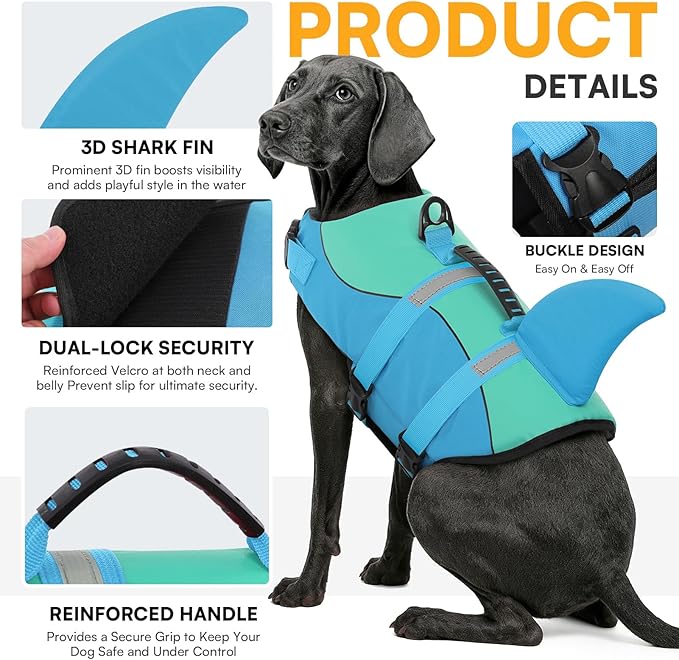 Shark Dog Life Jacket, Dog Life Vests for Boating, High Buoyant Pet Life Vest for Swimming, Adjustable Easy On Life Jackets for Small, Medium, Large Dogs (Pool Blue,L)