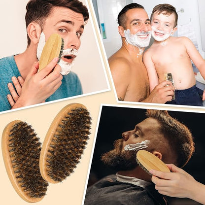 10 Sets Grooming Kit for Men - Natural Boar Bristle Brush, Pear Wood Dual-Sided Wide Tooth Comb, and Travel Pouch (Oval Shape) for Beard Care