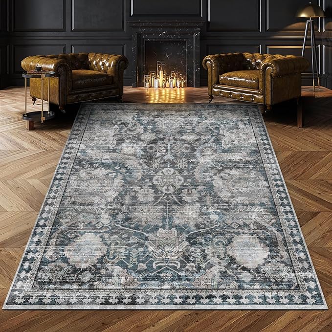 RUGSURE Washable Area Rugs - Perfect for Living Room, Bedroom, Kids Room, Nursery - Stain & Water Resistant Non-Slip, Pet & Child Friendly, Vintage Tribal Area Rugs (Grey and Bule, 9' x 12')