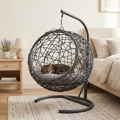 Hanging Cat Swing Bed with Stand, Rattan Egg Chair for Cats | Rattan Egg Chair Design, Soft Cushion, Stable Stand, Cozy Swinging Resting Spot For Cats And Small Dogs