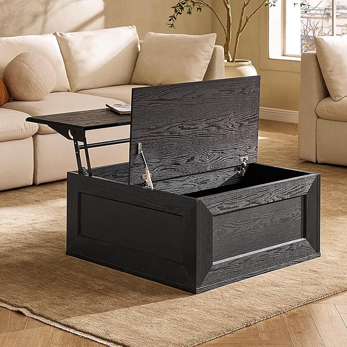 mopio Blake Lift Top Coffee Table with Storage, Modern Farmhouse Square Wood Center Coffee Table with Easy Lifting Top, Chamfered Edge & Soft Closing (Black Oak)