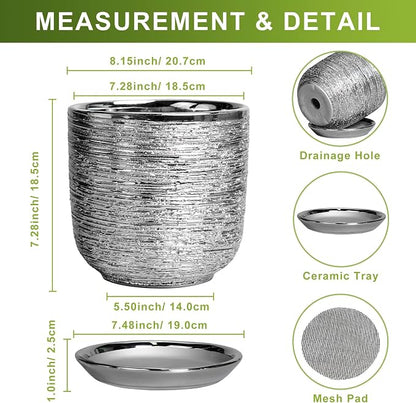 Ceramic Pot for Plants 8 Inch - Ceramic Flower Pot Indoor with Drainage Hole and Saucer, Decorative Round Indoor Planter, Plant Lover Gifts, Patio Home Office House Decor, Silver