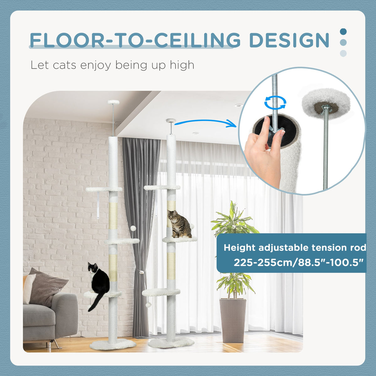 8.4 Floor to Ceiling Cat Tree, Adjustable Height, White