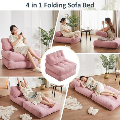 Afuson Folding Chair Bed, Futon Sofa Bed, Floor Couch for Adults Chair for Living Room, Lounge Sofa, Convertible Sofa Bed, Small Couches for Small Spaces, Pink