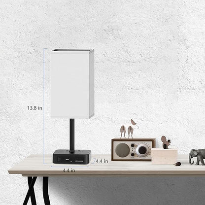 Bedside Table Lamp with Touch Control & USB C+A Charging Ports LED Desk Lamp with 2 AC Outlets, Minimalist Nightstand Light with Black Fabric Shade for Bedroom, Living Room, Office, White