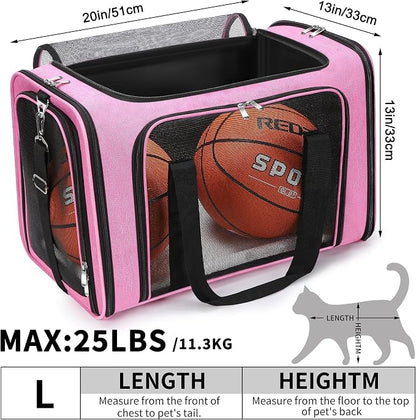 Soft-Sided Cat/Dog/Pet Carrier, Collapsible Pets Travel Carriers for Big Cats/Small Dogs with Shoulder Strap & Removable Mat, Mesh Puppy Carry Bag, Up to 25 Lbs (Pink)