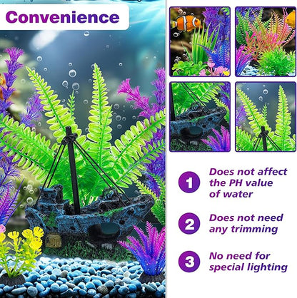Ameliade Fish Tank Decor Set with Shipwreck Decoration, Little Diver Floating & 13 Aquatic Artificial Plants - Betta Plants & Hiding Spots for Aquariums and Small Fish Tank Accessories