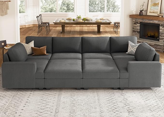 Nolany Sectional Couch with Storage Ottoman, Corduroy Sleeper Sectional Sofa with Chaise, Modular Sectional Couches for Living Room, Dark Grey