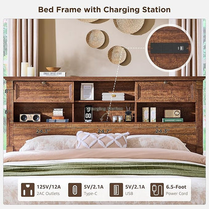Farmhouse King Size Bed Frame with 54" Tall Headboard, Headboard with 4 Storage Rack, 2 Drawers, Wood Platform Bed Frame,18" Roman Column Decoration Footboard, No Box Spring Needed(Reclaimed Barnwood)