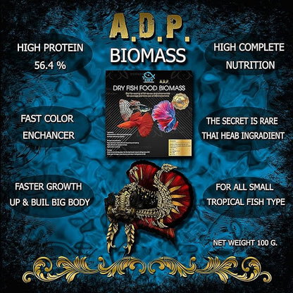 A.D.P. Biomass 100 g. Special High Protein 56.4% Tropical Fish Food Growth Fast Color Enhancer Guppy Betta Feed Slow Sinking Pellets 400 Microns for All Small to Medium Fish & Fry Newborn Fish Care
