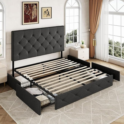 Allewie Upholstered Full Size Platform Bed Frame with 4 Storage Drawers and Headboard, Diamond Stitched Button Tufted, Mattress Foundation with Wooden Slats Support, No Box Spring Needed, Dark Grey