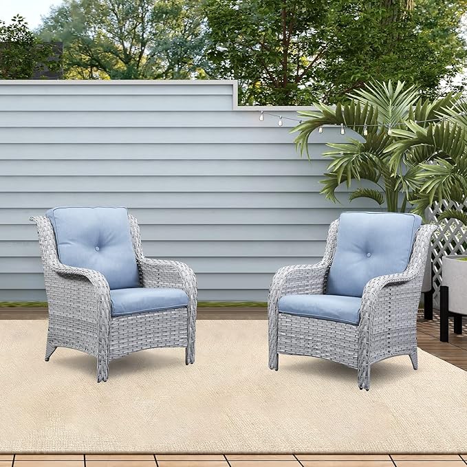 Rilyson Outdoor Patio Chairs Wicker Chair - 2PC Rattan Chairs Set with High Back and Deep Seating for Deck Porch Outside Garden(Light Grey/Sky Blue)