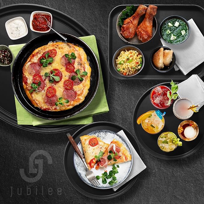 Jubilee 11" Round Restaurant Serving Trays (Set of 2), Black - NSF Certified Non-Slip Food Service Tray