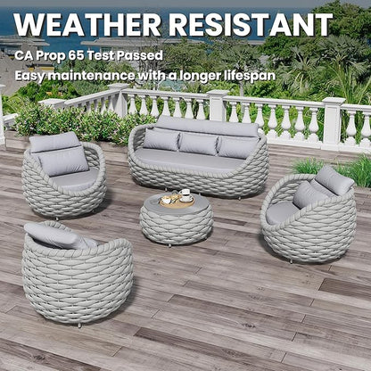 Erotr Aluminum Outdoor Patio Couch Set: 5 Pieces Woven Rope Porch Furniture Sofa Set - Metal Modern Deck Conversation Set - All Weather Assembled Courtyard Seating for Backyard Pool Hotel Resort, Grey