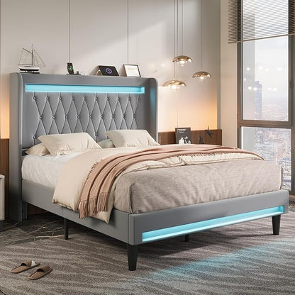 Allewie Upholstered Full Size Platform Bed Frame with LED Light and Charging Station, Button Tufted High Headboard, Wingback Design, Noise Free, Easy Assembly, No Box Spring Needed, Grey