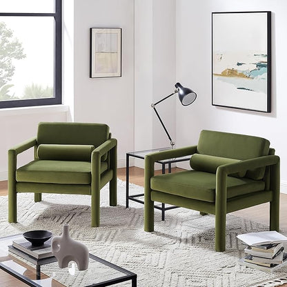 Art Leon Accent Chairs Set of 2, Modern Velvet Upholstered Arm Chairs, Sofa Chairs Lounge Chairs with Pillow for Living Room Bedroom, Green