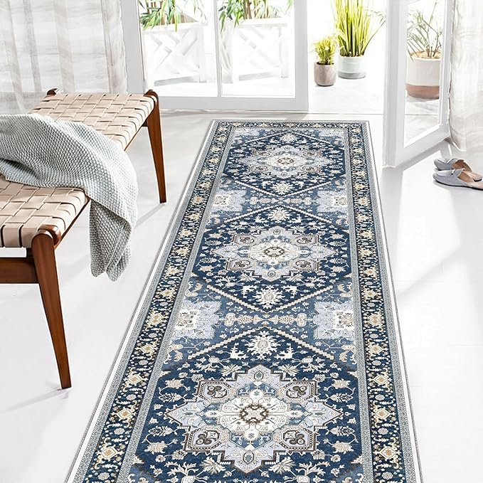 OPPODREAM Thin Entryway Rug 2x8, 2x8 Rug Runner, Washable Hallways Carpet 2 x 8 with Non Slip Backing, Low-Pile Bedside Carpet 2 x 8, Long, Faux Cashmere, Navy Blue & Gold