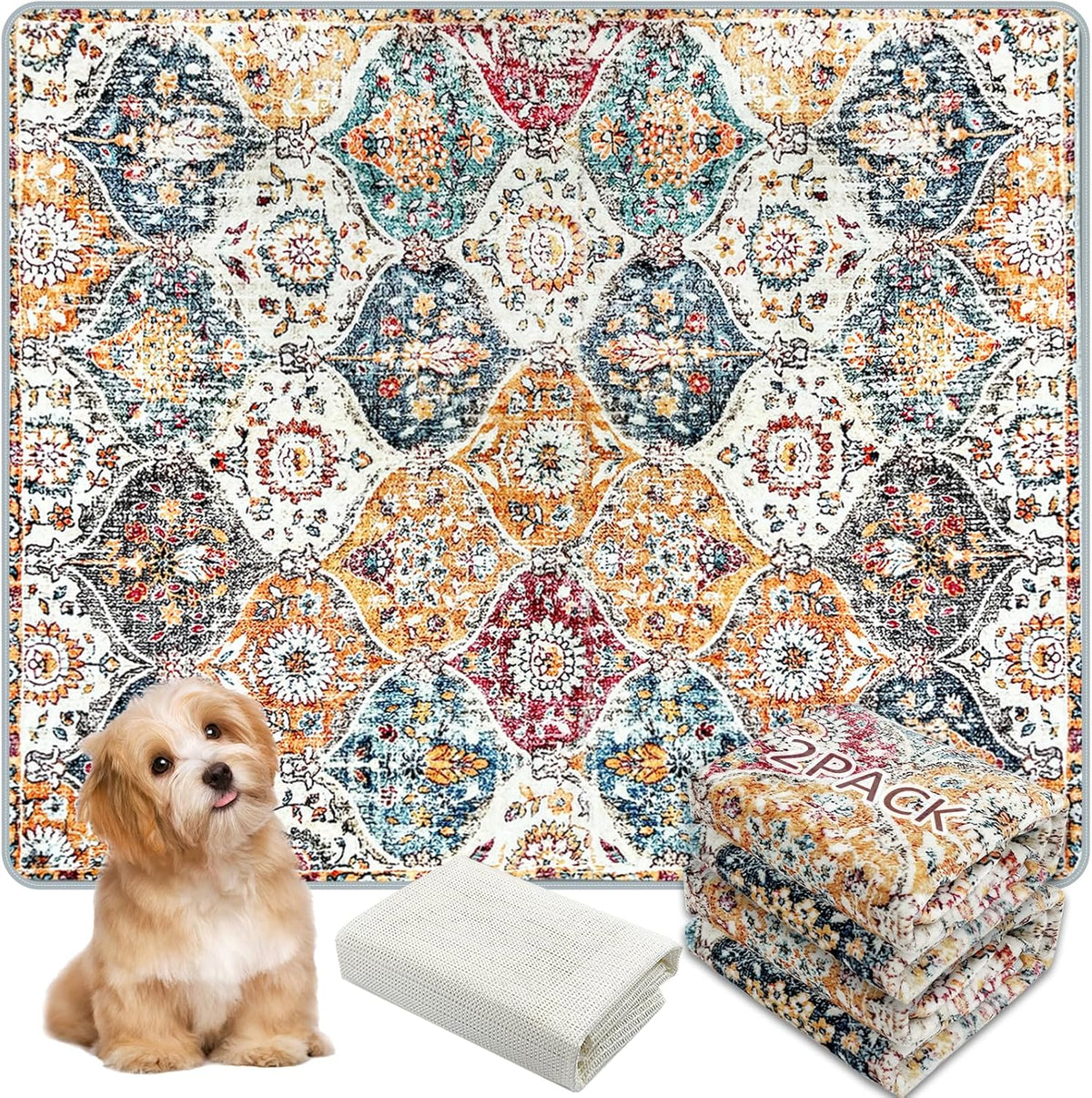 Washable Pee Pads for Dogs, (2 Pack, 36"x42") Upgrade Reusable Puppy Pads with Non-Slip Rug Pad, Super Thickening Absorbent Leakproof Dog Traning Pads Whelping Pad for Dogs, Doggie(Orange)